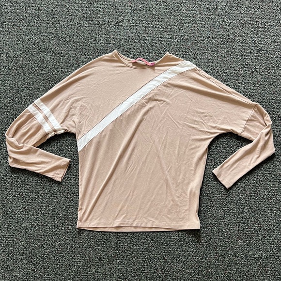 Tan & White Stripe Bag Wing Statement Sleeve Long-Sleeve Modest T-Shirt Top Sz S - Picture 9 of 16